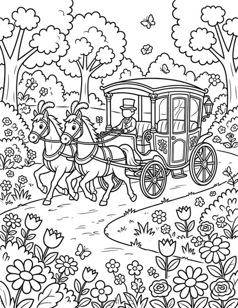 Horse Carriage coloring page: A carriage trots through the park.