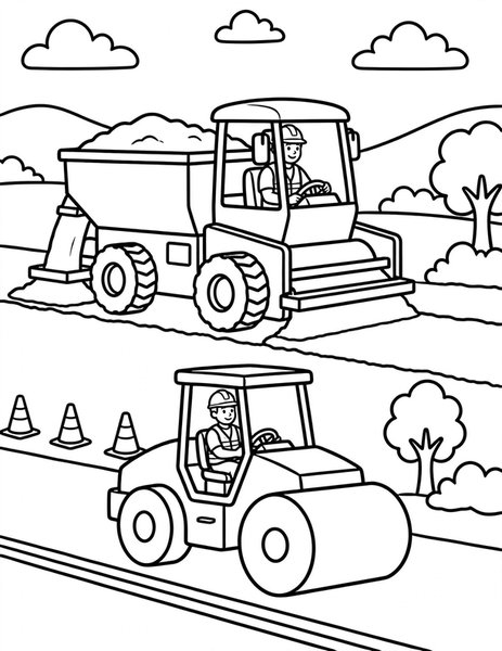 Road Paver coloring page: A paver lays smooth new road.