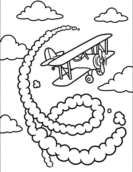 Biplane coloring page: A stunt biplane loops through the sky.