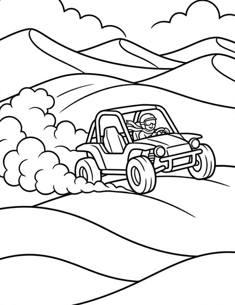 Dune Buggy coloring page: A buggy races over sandy dunes.