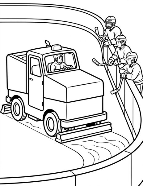 Ice Resurfacer coloring page: A machine smooths the ice rink.