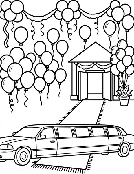 Limousine coloring page: A long limo arrives at a party.