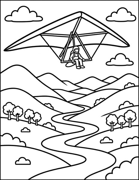 Hang Glider coloring page: A glider soars over green valleys.