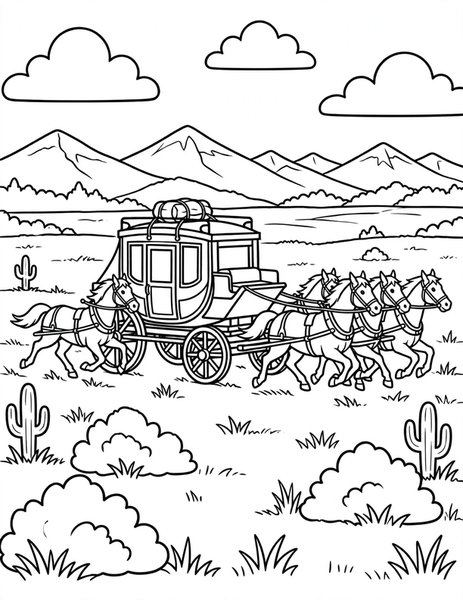 Stagecoach coloring page: A stagecoach rattles across the prairie.