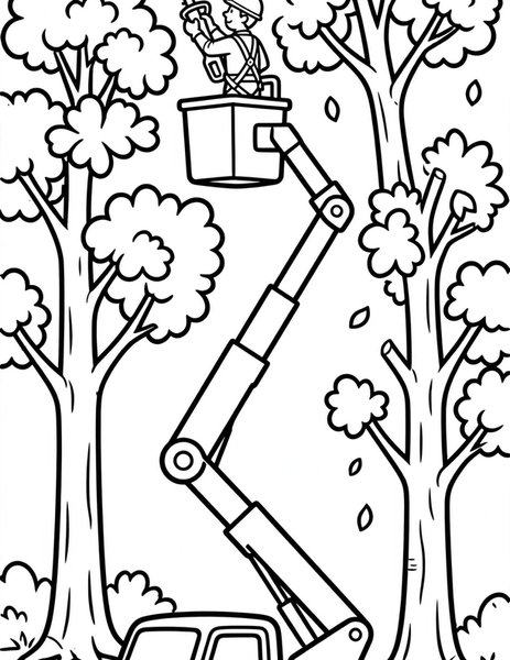 Cherry Picker coloring page: A cherry picker trims tall trees.