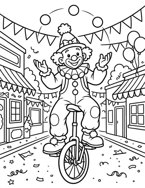 Unicycle Act coloring page: A clown rides a unicycle in a parade.