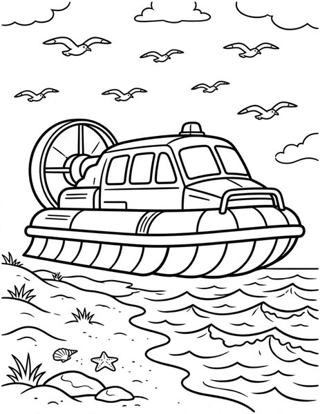 Hovercraft coloring page: A hovercraft glides over sand and sea.