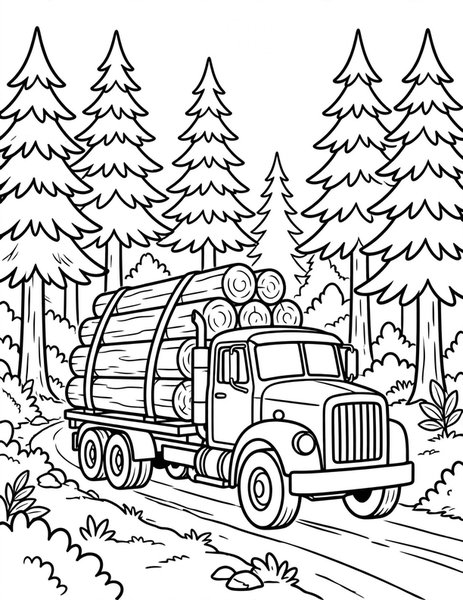 Logging Truck coloring page: A truck hauls giant logs from the forest.