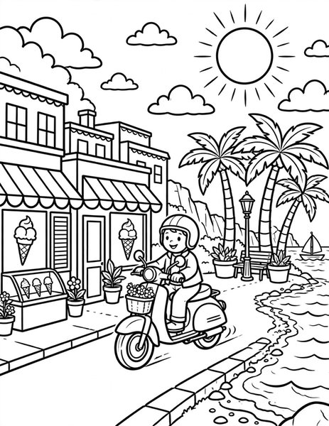 Moped coloring page: A moped putters through a seaside town.