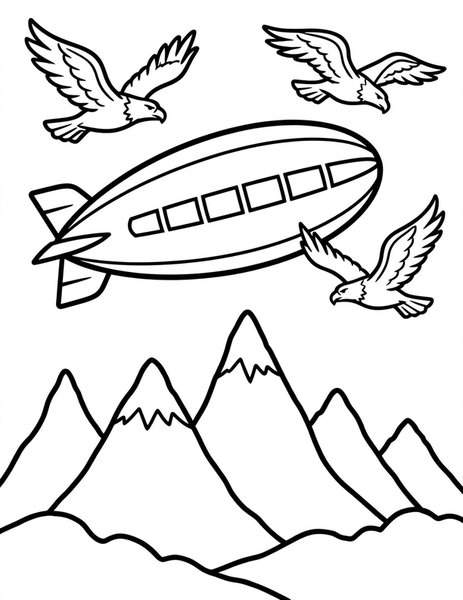 Zeppelin coloring page: A zeppelin floats over mountain peaks.