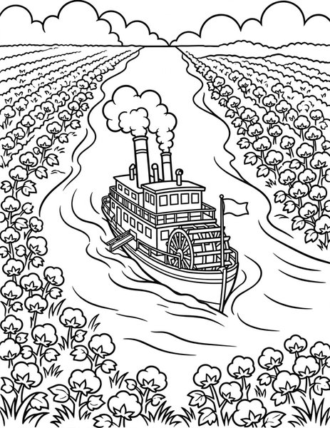 Paddle Steamer coloring page: A paddle steamer cruises down the river.