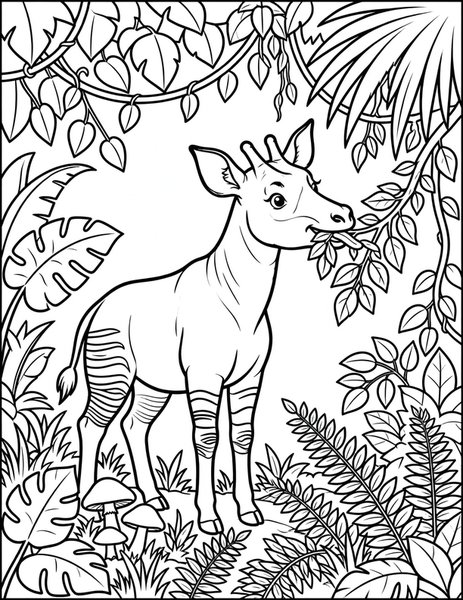 Okapi Munch coloring page: A striped okapi munches fresh leaves deep in the Congo rainforest.