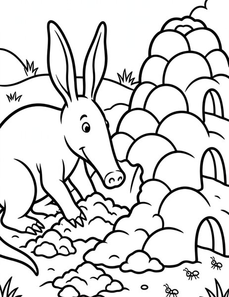 Aardvark Dig coloring page: An aardvark digs for termites in the soft earth at dusk.