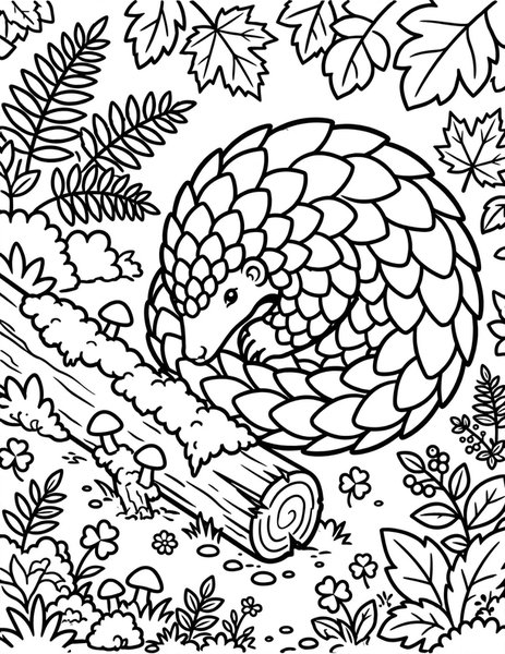 Pangolin Curl coloring page: A shy pangolin curls into a scaly ball beside a fallen log.