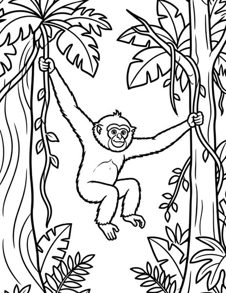 Gibbon Swing coloring page: A gibbon swings gracefully from branch to branch in the treetops.