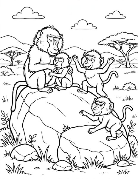 Baboon Rock coloring page: A baboon family grooms and plays atop a warm savanna rock.
