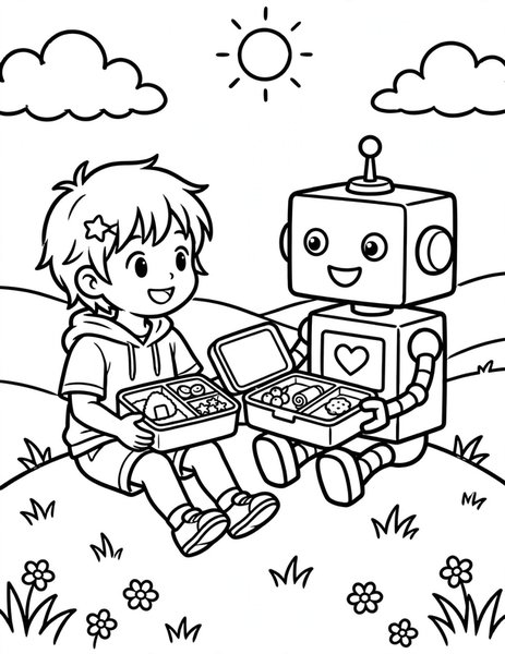 Robot Lunch Break coloring page: A kid shares lunch with a boxy robot.
