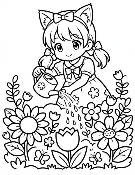 Cat-Eared Gardener coloring page: A cat-eared girl waters bright flowers.