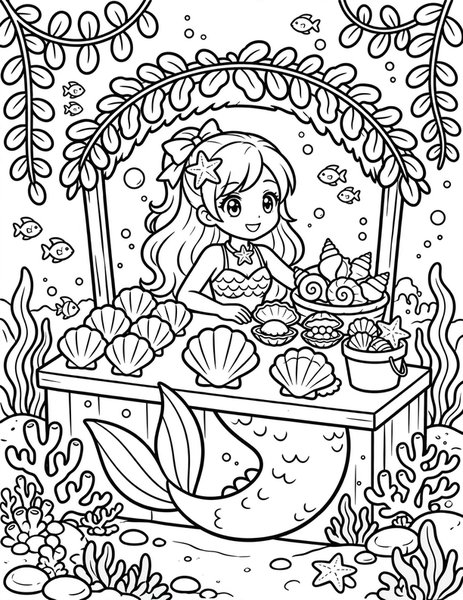 Mermaid Shell Shop coloring page: A mermaid sells shiny shells underwater.