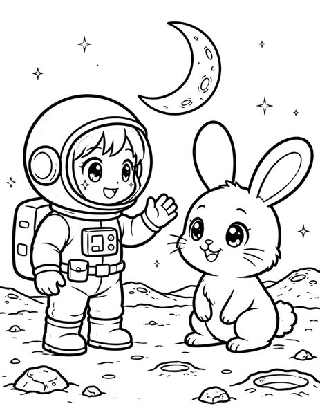 Moon Rabbit Meet coloring page: An astronaut meets a cute moon rabbit.