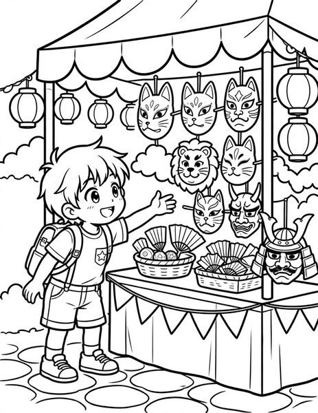 Festival Mask Pick coloring page: A kid chooses a colorful festival mask.