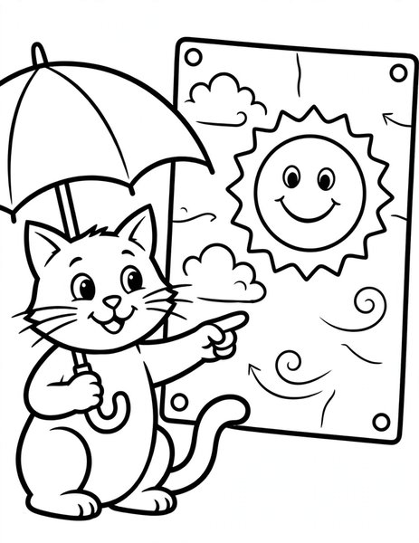 Cat Weather Reporter coloring page: A cat weather reporter points to a sunny forecast on a big map.