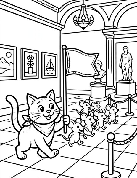 Cat Tour Guide coloring page: A cat tour guide leads a group of mice through a museum hall.