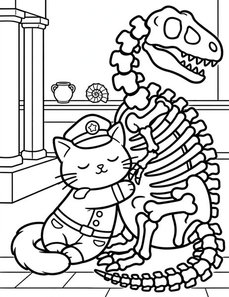 Cat Museum Guard coloring page: A cat museum guard naps beside a giant dinosaur skeleton.