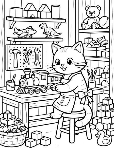Cat Toy Maker coloring page: A cat toy maker paints a wooden train in a sunny workshop.