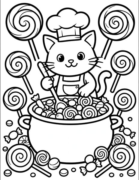 Cat Candy Maker coloring page: A cat candy maker stirs a giant pot of swirly taffy.