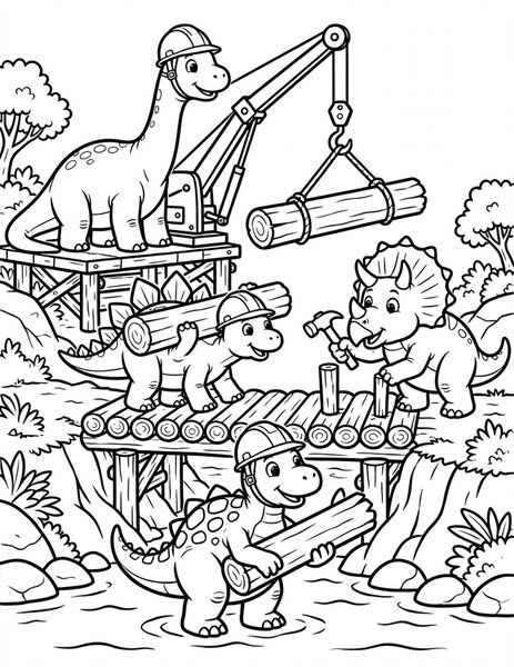 Dino Construction Crew coloring page: Dinosaurs build a bridge with cranes and hard hats.