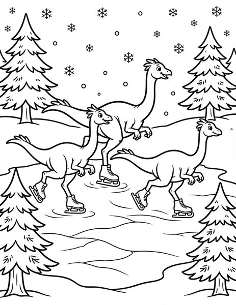 Gallimimus Ice Skating coloring page: Gallimimus friends glide across a frozen pond.