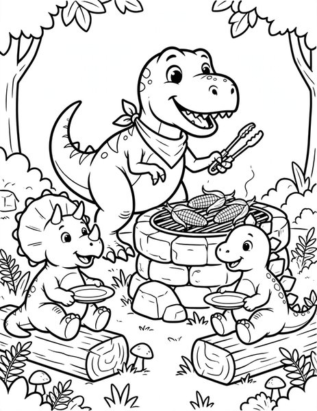 Dino Barbecue coloring page: A t-rex grills corn at a jungle barbecue.