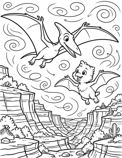 Baby Pterodactyl Lesson coloring page: A mama pterodactyl teaches her baby to fly.