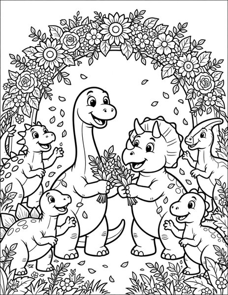 Dino Wedding coloring page: Two dinosaurs celebrate under a flower arch.