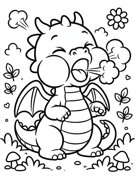 First Roar coloring page: A baby dragon practices its first tiny roar.