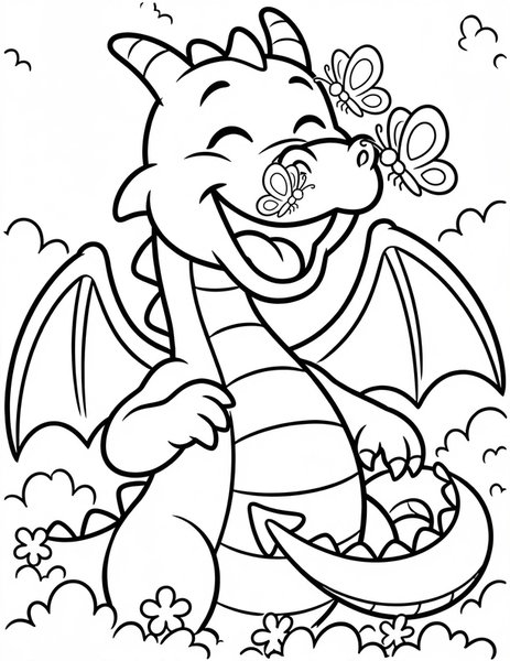 Dragon Giggles coloring page: A dragon giggles as butterflies tickle its nose.