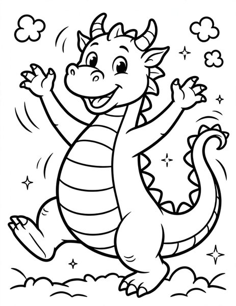 Wiggle Dance coloring page: A dragon does a wiggly happy dance.