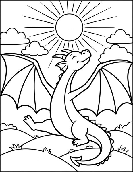 Dragon Stretch coloring page: A dragon does a big morning stretch.