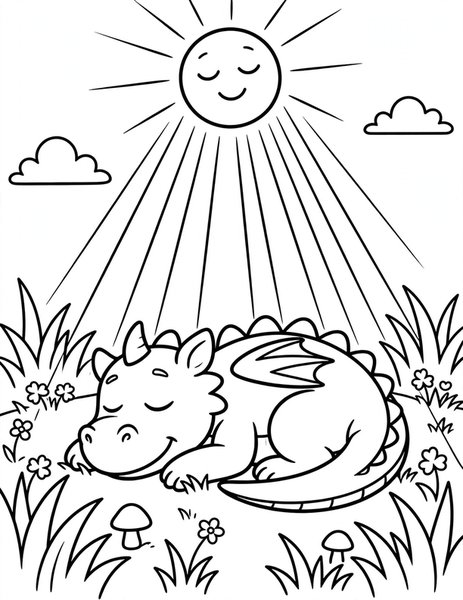 Sunbeam Nap coloring page: A sleepy dragon naps in a warm sunbeam.