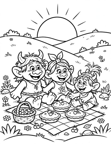 Troll Picnic coloring page: A troll family picnics at dusk.