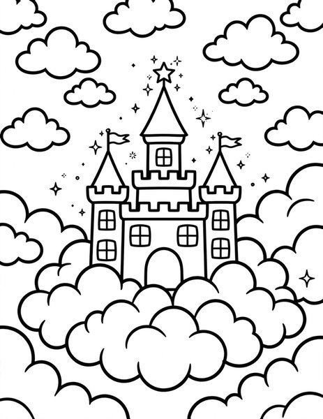 Cloud Castle coloring page: A castle floats on clouds.