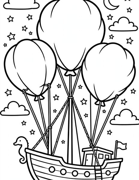 Flying Ship coloring page: A ship sails the starry sky.