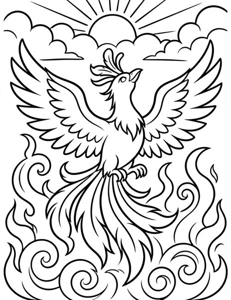 Phoenix Rise coloring page: A phoenix bursts from flames.
