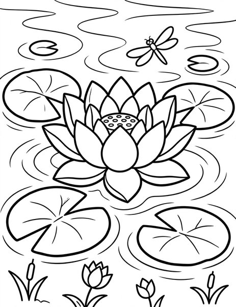 Lotus Lake coloring page: A lotus opens on a calm lake.