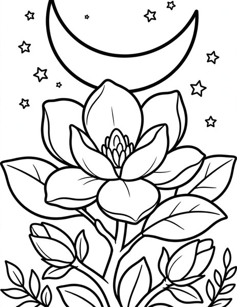 Magnolia Moon coloring page: A magnolia blooms under the moon.