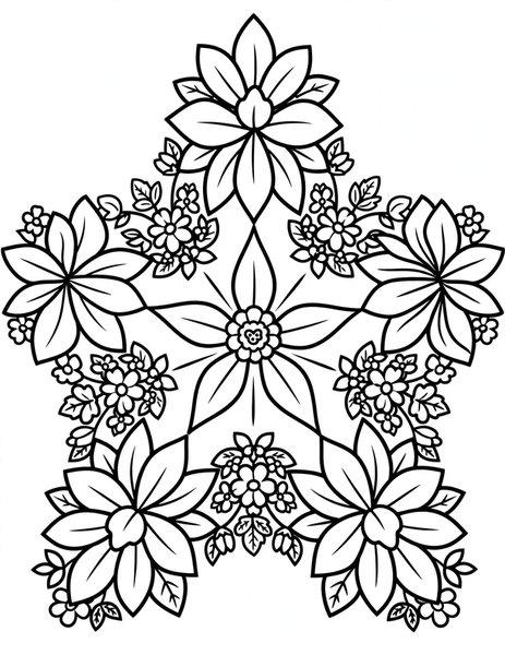 Detailed Flower Star coloring page: A star formed from flower petals.