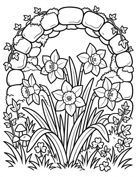Narcissus Nook coloring page: Narcissus peek from a cozy nook.