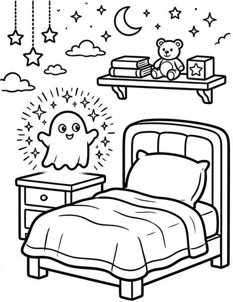 Ghost Nightlight coloring page: A tiny ghost lights the dark.