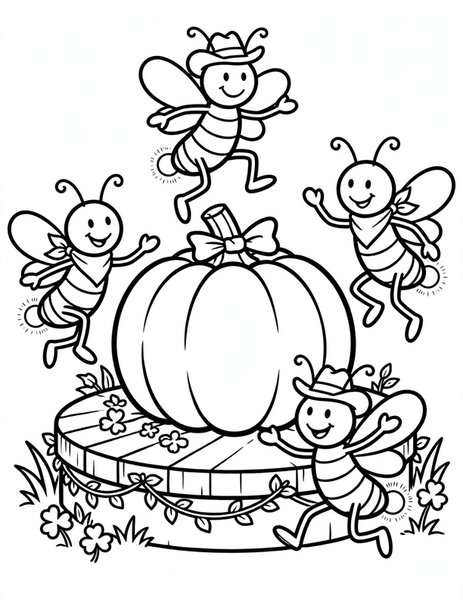Firefly Hoedown coloring page: Fireflies do-si-do around a glowing pumpkin stage.